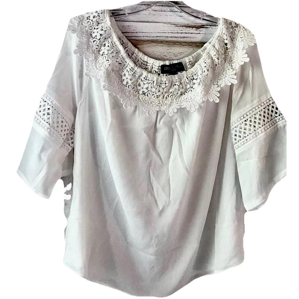 Boho Essentials By ABS White  Blouse M Crochet Lace Neckline Crochet Cut Out Sl